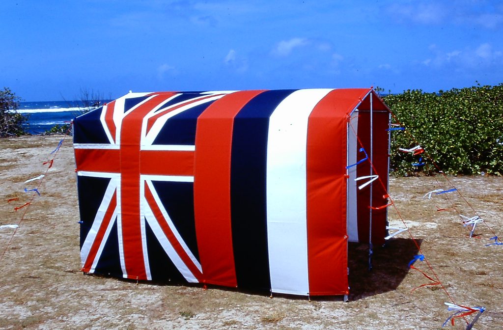 Bernice Akamine, Ku'u One Hanau (1999). Hawaiian flag, metal